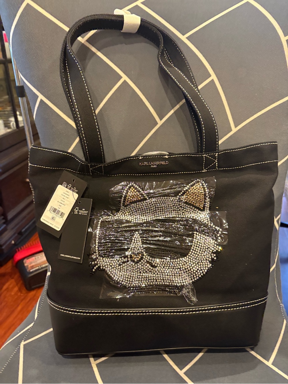 Karl Lagerfeld Black Tote with Rhinestone Cat Motif